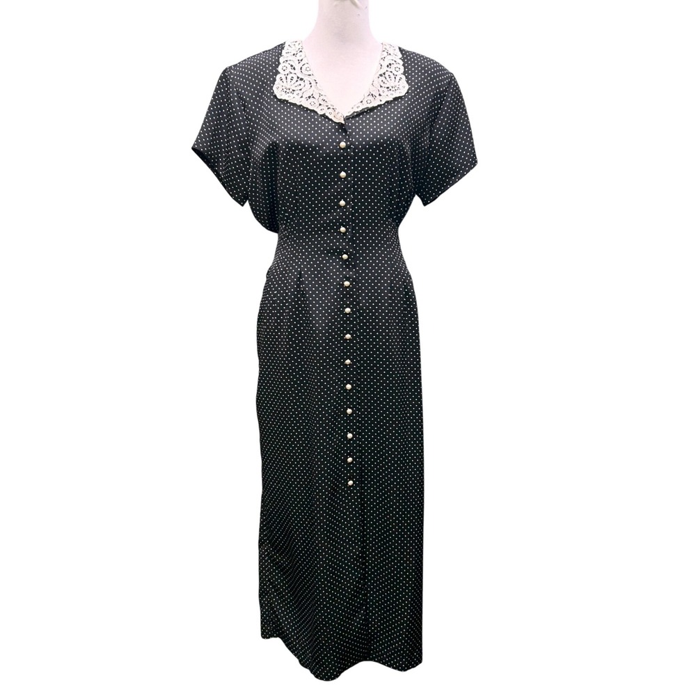 Betsy Lauren Midi Dress Womens 16 Black Polka Dot Excellent Lace Collar Vtg